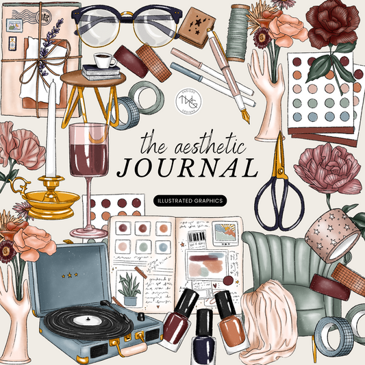 A collage of moody, vintage-inspired clipart elements including wine glass, vinyl player, tape, florals, nail polish, and planner tools from the Aesthetic Journal Clipart Bundle.