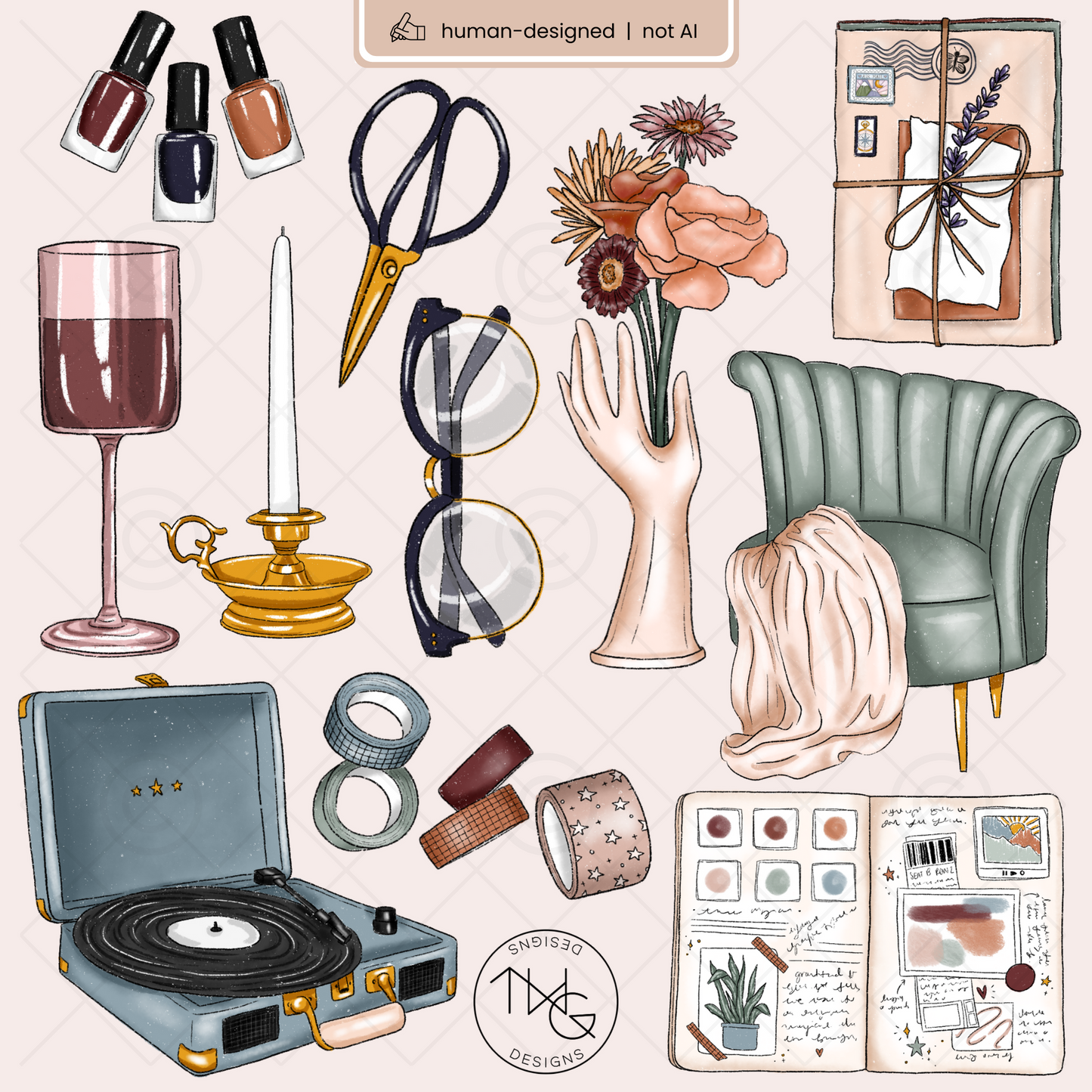 Hand drawn digital stickers arranged aesthetically with a green velvet chair, wine glass, gold candlestick, florals, vinyl player, and aesthetic journaling elements.