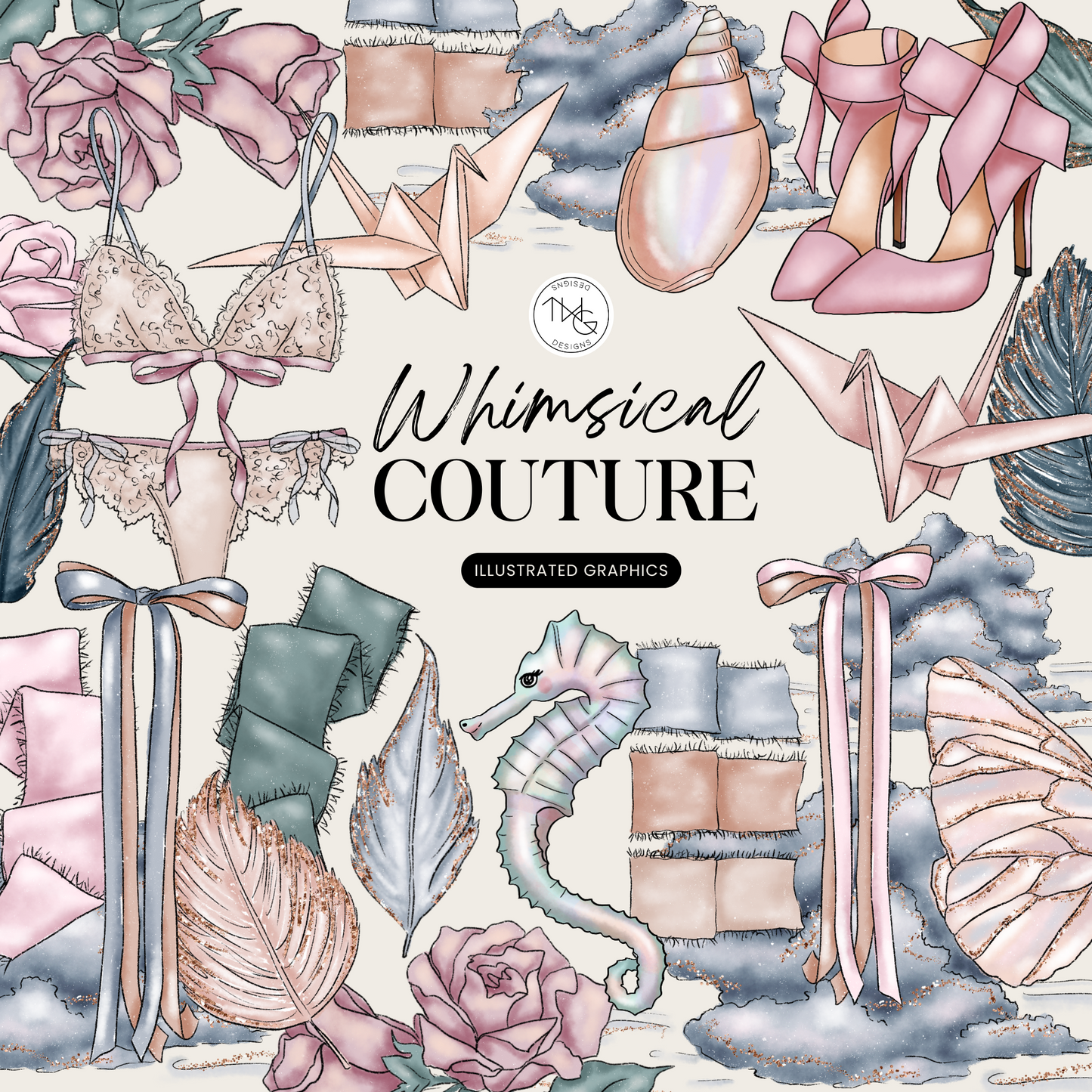 A pastel collage of whimsical couture illustrations including heels, ribbons, feathers, lingerie, clouds, and roses in soft blush and lavender tones.