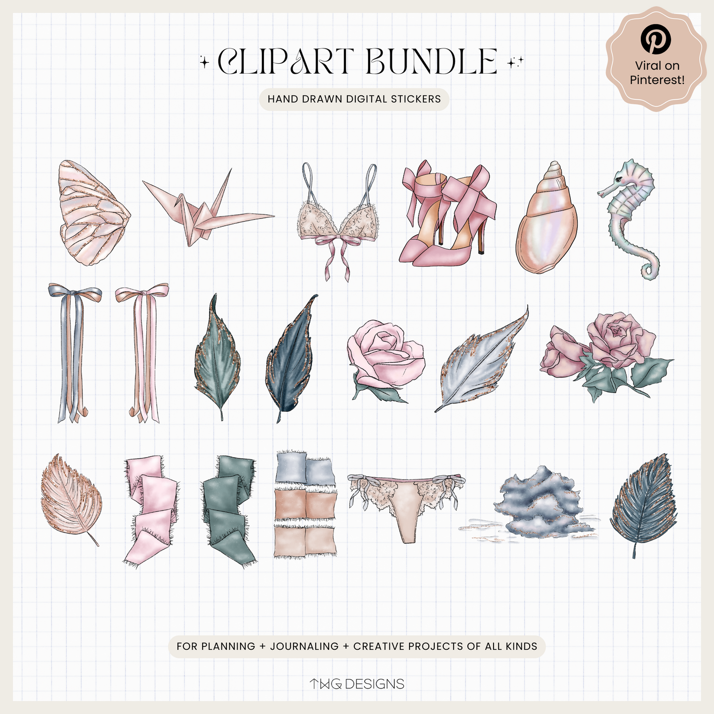 Visual catalog of 20+ high-resolution PNG illustrations including bows, shoes, silk fabric, clouds, and soft floral elements.