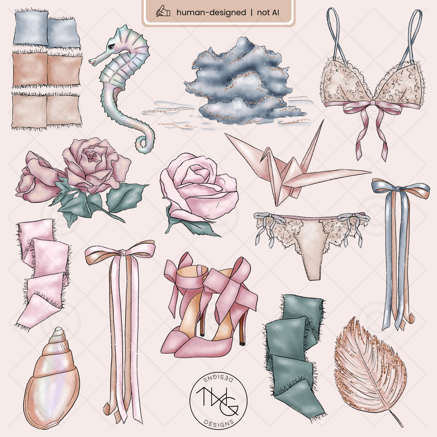 Flatlay of a digital journal page featuring whimsical clipart like ribbon bows, cloud textures, soft pink shoes, and delicate rose details.