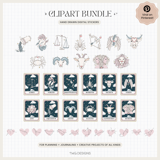 Grid display showing 36 astrology PNG elements including star signs, tarot-style cards, and constellation graphics.