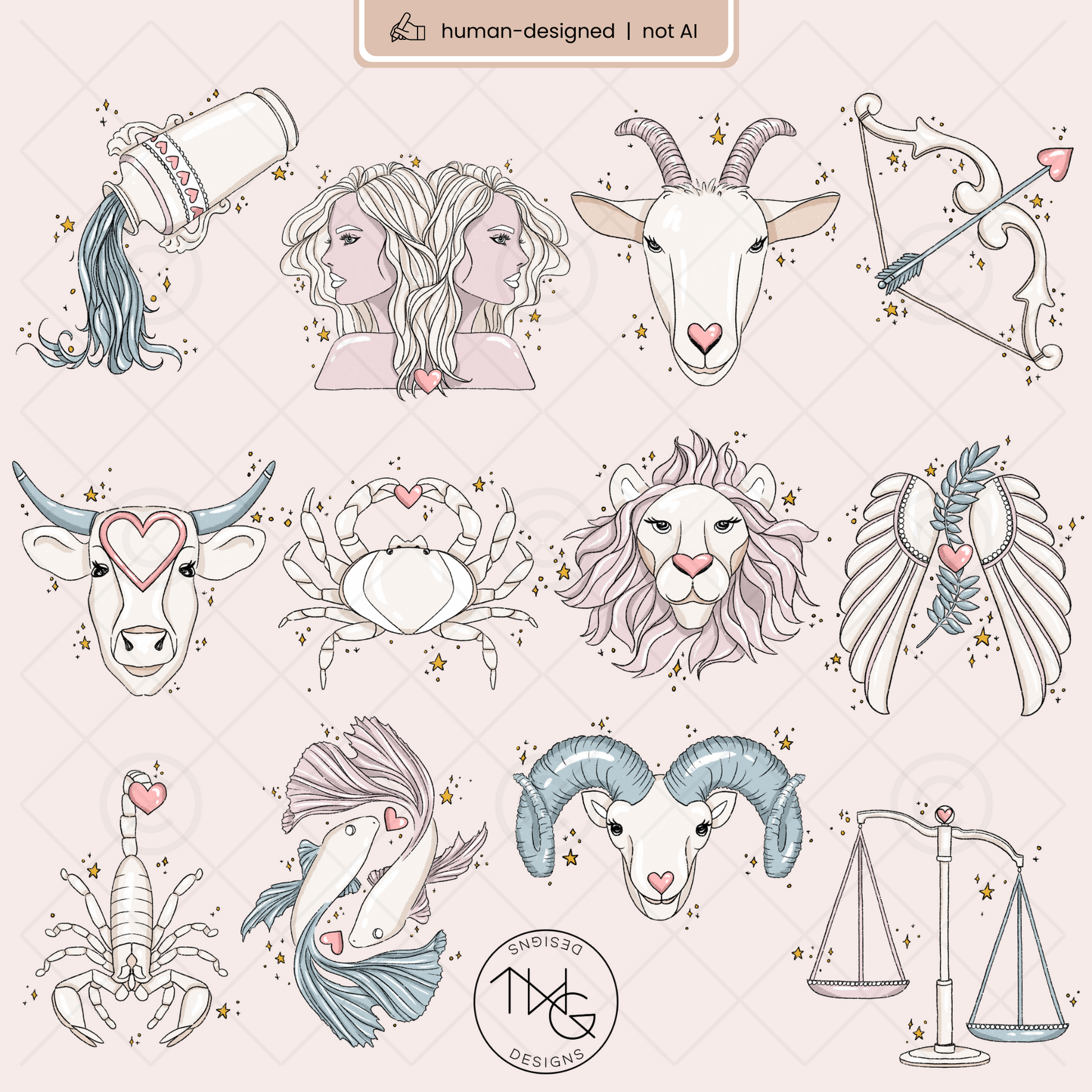 Aesthetic flat lay of zodiac symbols and signs used in a soft pink and midnight blue themed design layout.
