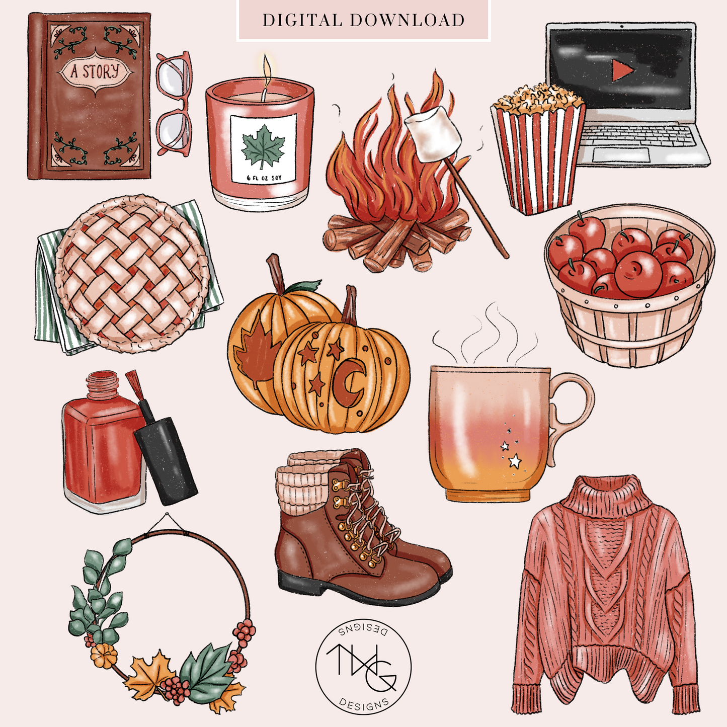 Illustrated fall-themed clipart including pumpkin pie, boots, sweater, fall wreath, hot cider, and a laptop with a cozy movie setup.