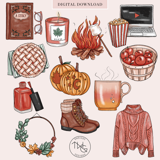 Illustrated fall-themed clipart including pumpkin pie, boots, sweater, fall wreath, hot cider, and a laptop with a cozy movie setup.