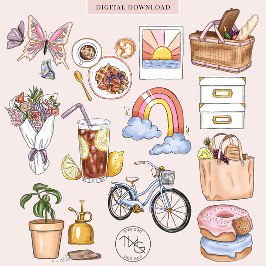 Spring-themed clipart icons including iced tea, rainbow, brunch plate, basket tote, butterfly, and potted plant styled on a pastel pink background.