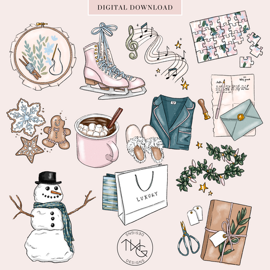Hand-drawn winter-themed icons including hot cocoa, snowman, ice skates, pajamas, gift wrap, and cozy sweater arranged on a blush background.