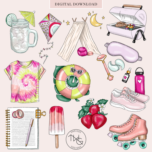 A preview collage of pink and green summer-themed planner icons including roller skates, popsicles, strawberries, a tent, and a lemonade mason jar.