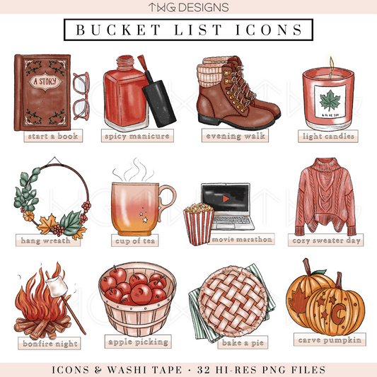 Labelled bucket list icon grid with tasks like light a fall candle, go apple picking, bake a pie, and fall movie night.