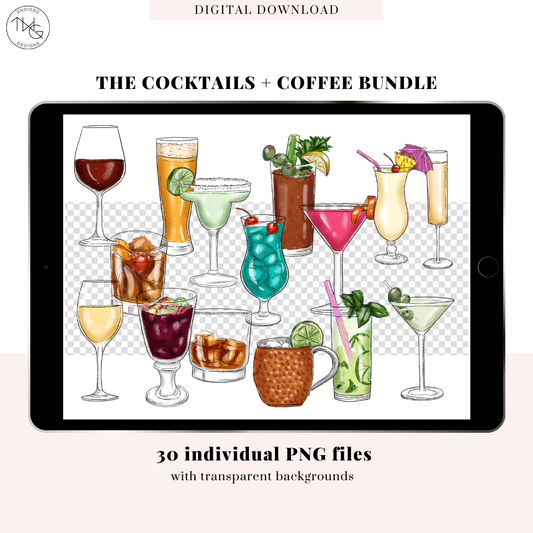 Preview of 30 individual drink stickers shown with transparent backgrounds