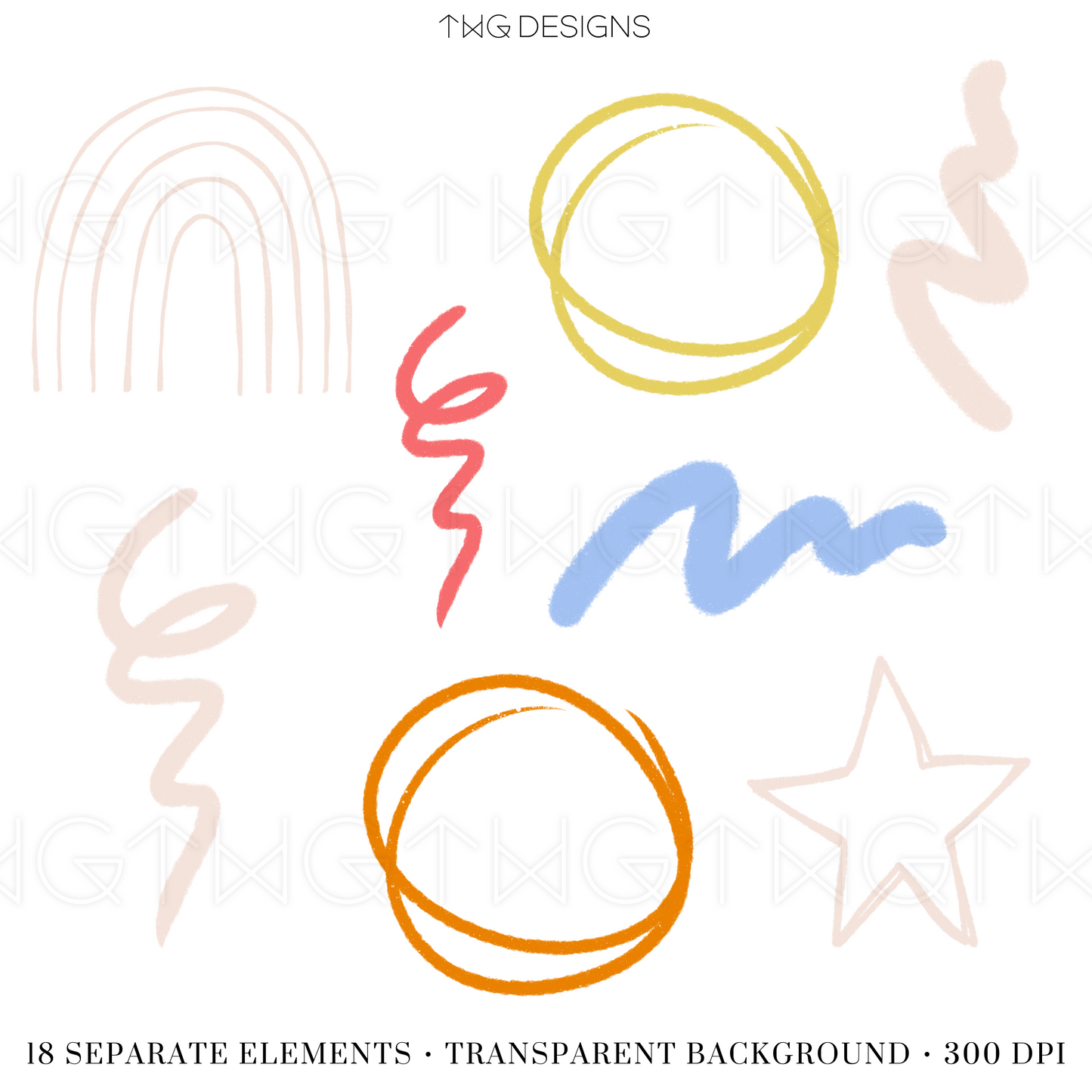 Sheet of brush stroke doodles, rainbow shapes, stars, and abstract lines in bright color palette