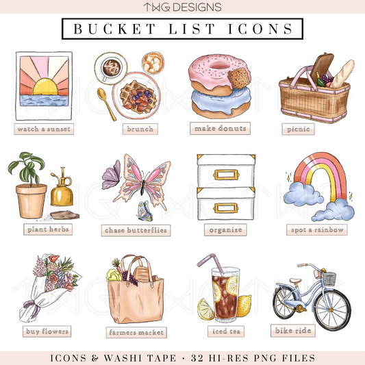 Labeled icon sheet with spring checklist items like brunch, make donuts, plant herbs, organize, and chase butterflies.