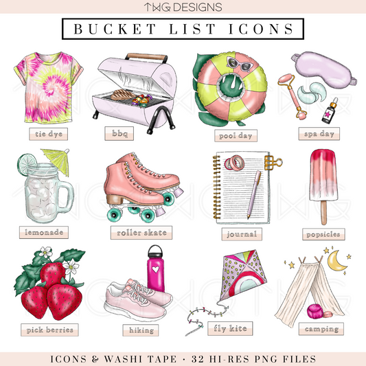 Bucket list overview featuring labeled digital icons like hiking, backyard camping, roller skates, spa day, and popsicle treats.
