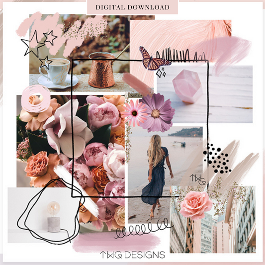 A styled preview of a mood board with floral cutouts, brush strokes, and geometric shapes in blush and neutral tones