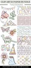 Load image into Gallery viewer, Dino Party Clipart + Pattern Bundle