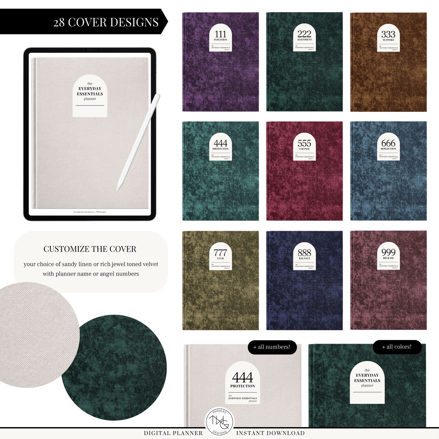 Selection of digital covers in neutral and jewel tones to customize your planner style.