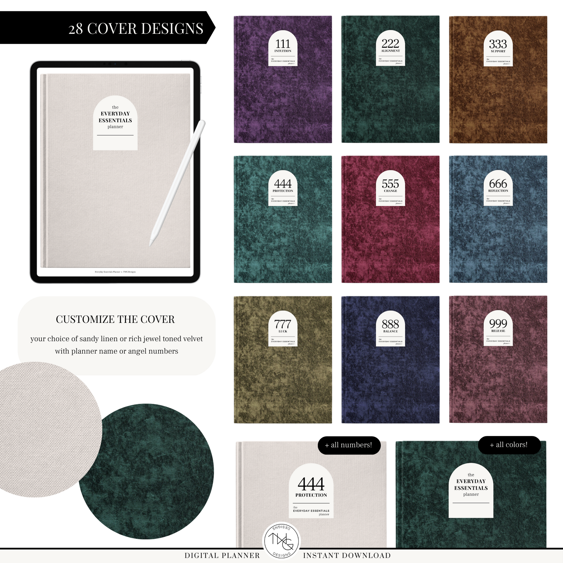 Selection of digital covers in neutral and jewel tones to customize your planner style.