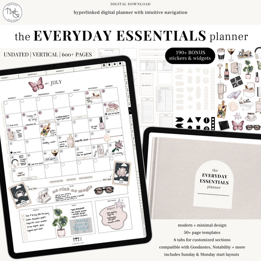 Everyday Essentials Life Planner shown on iPad with monthly view, decorative stickers, and modern layout.
