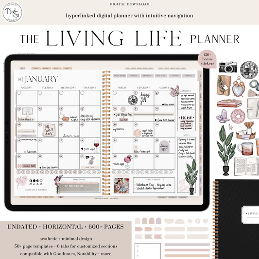 The Living Life Digital Planner displayed on a tablet with monthly layout, decorative stickers, and neutral-toned interface.