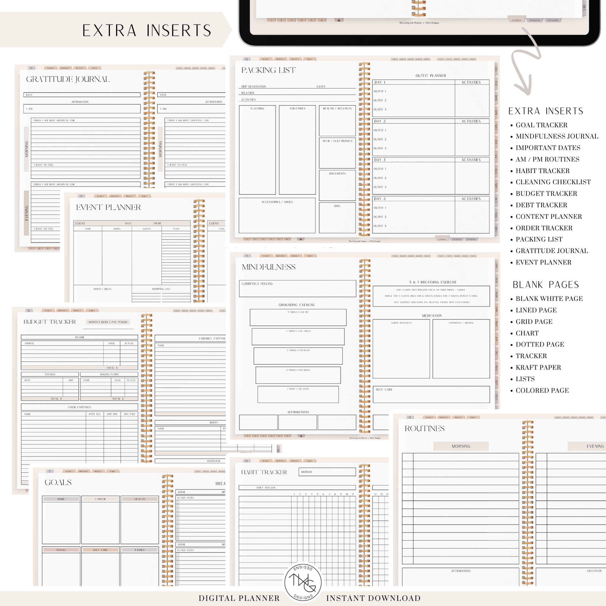 Planner interior with finance trackers, content planners, habit charts, meal planners, and reflection pages.