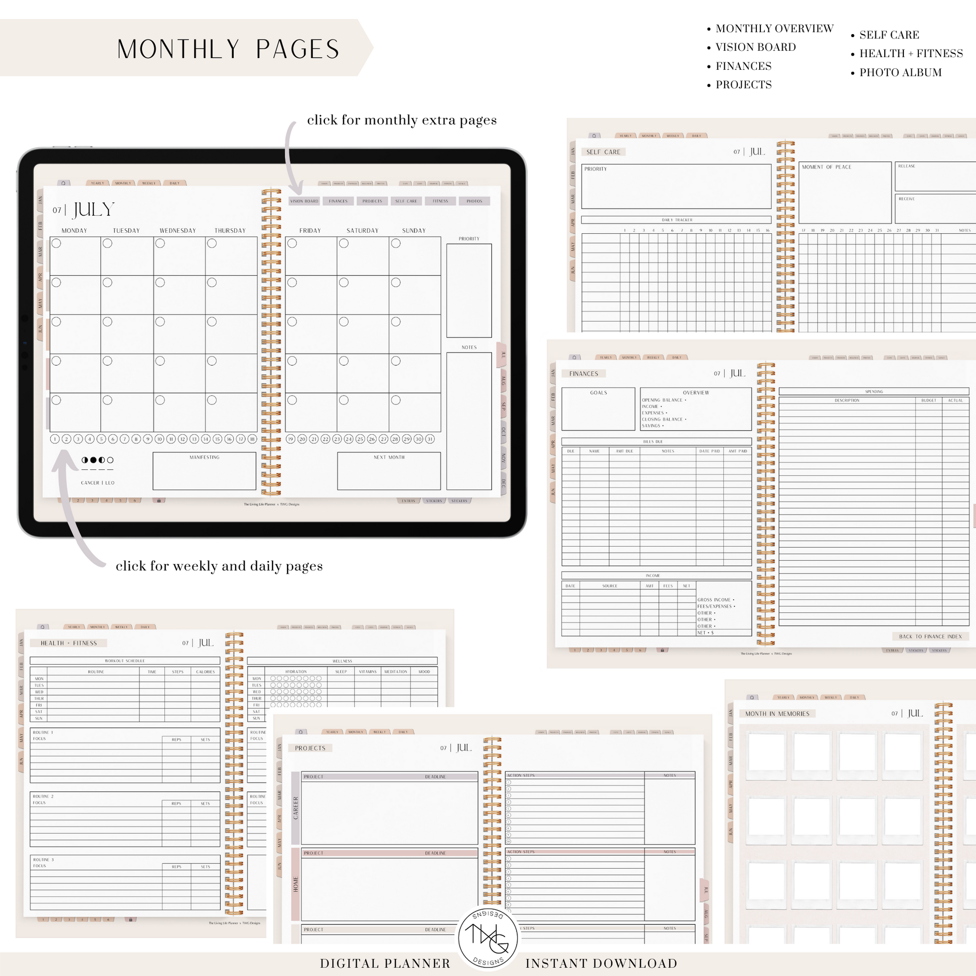 Selection of planner pages showing monthly, weekly, and daily planning templates with elegant fonts and soft accents.