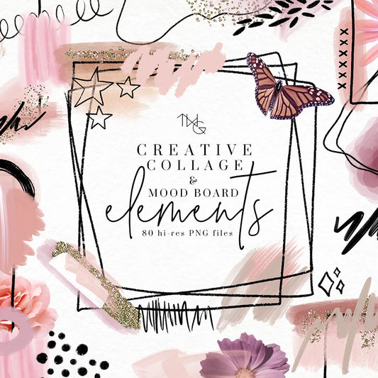 Hand-drawn floral collage with sketched frames and stars in a soft color palette