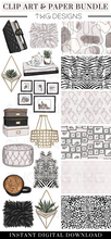 Load image into Gallery viewer, neutral chic home decor office clipart and digital paper bundle download