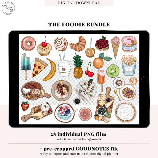 Grid view of the 28 individual food stickers included in the set with transparent backgrounds