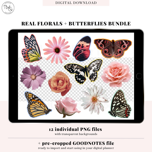 Bundle preview showing 12 individual PNG stickers of real roses, daisies, butterflies, and peonies with transparent backgrounds