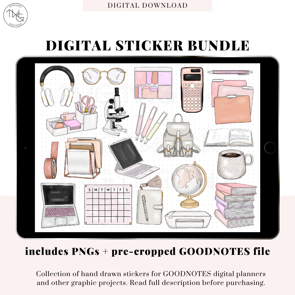 Digital sticker bundle open on iPad displaying aesthetic study tools including books, planners, glasses, laptops, and coffee
