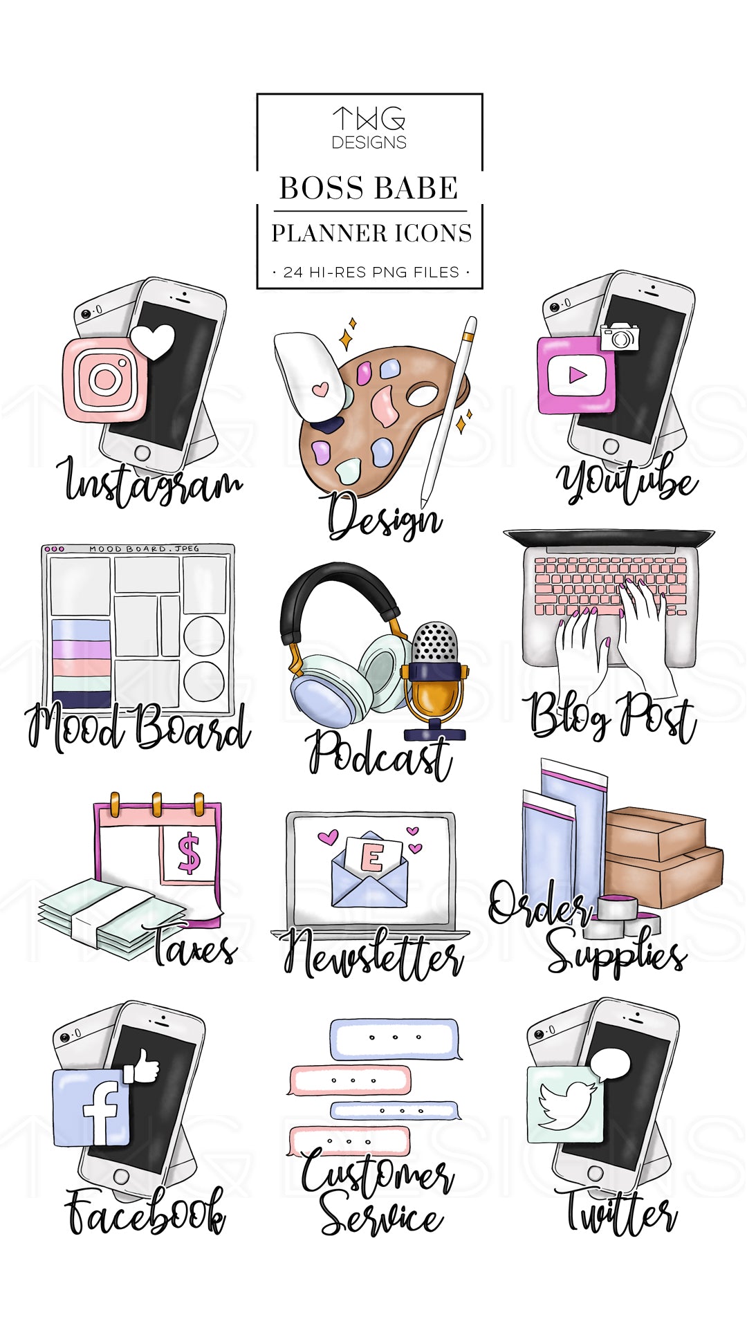 planner clipart icons for girlboss and work on social media
