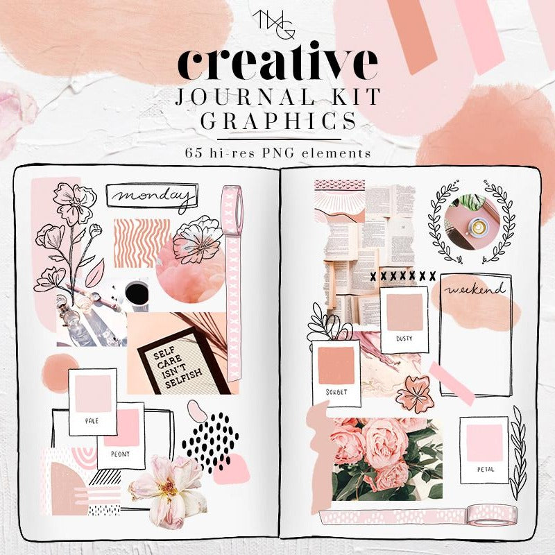 Open journal spread featuring digital collage elements in soft pink and peach tones with floral and abstract graphics