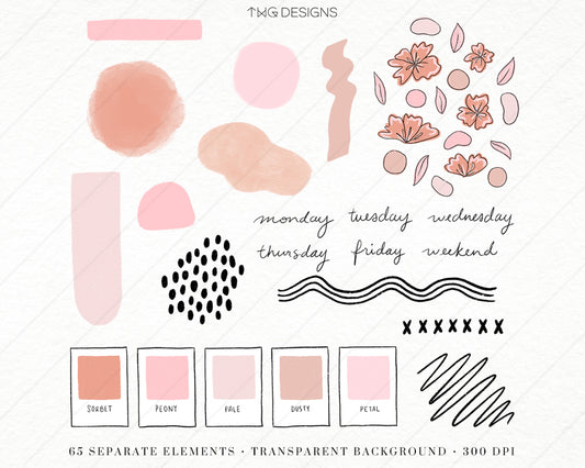 Brush strokes, tape pieces, weekdays script, and frame icons in blush and coral