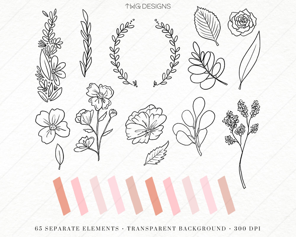 Hand-drawn floral outlines and peach washi strips on a white background