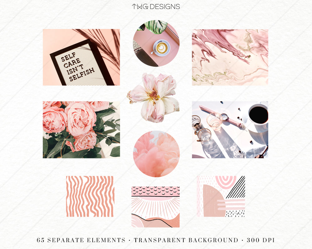Soft pink paper scraps, real floral photography, and cutout textures