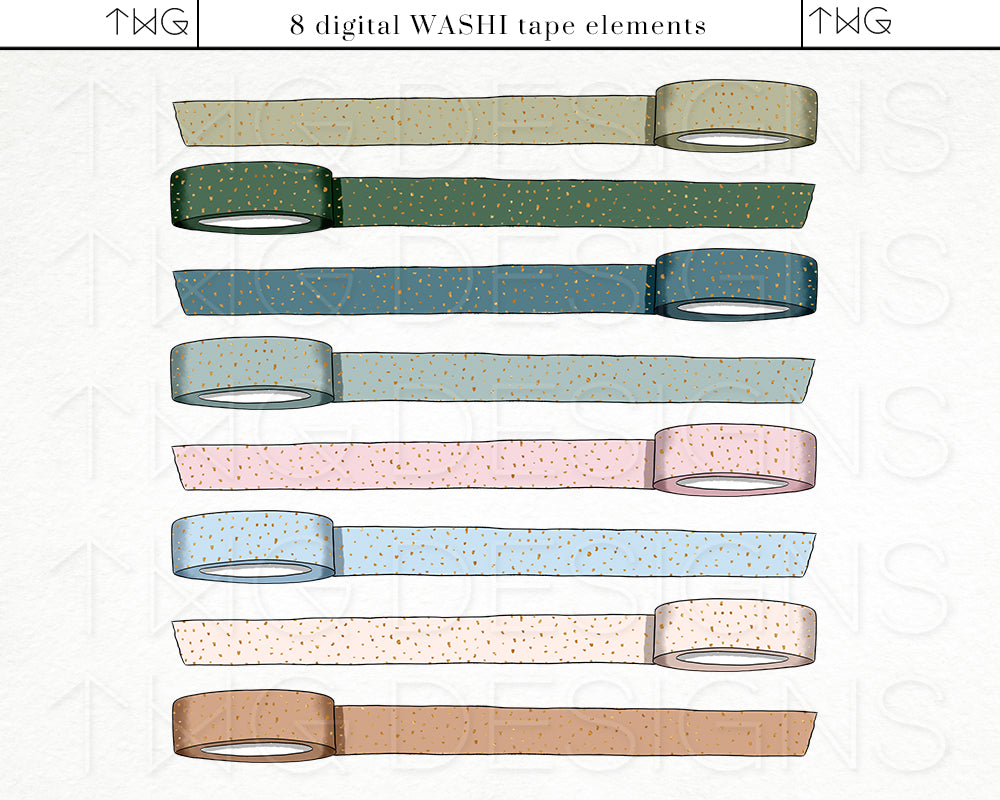 Soft-toned winter washi tape strips in muted sage, blush, ice blue, and tan.