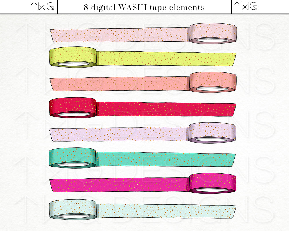 Digital washi tape strips in coordinating colors like hot pink, lemon yellow, and turquoise, designed to match the summer bucket list icon theme.