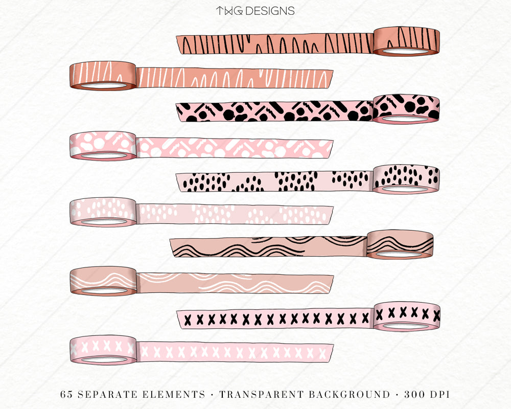 Peach-toned washi tapes and patterned strips for digital layouts