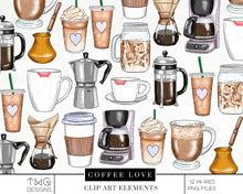 Load image into Gallery viewer, cup clipart for coffee and coffee makers as a bundle for digital download