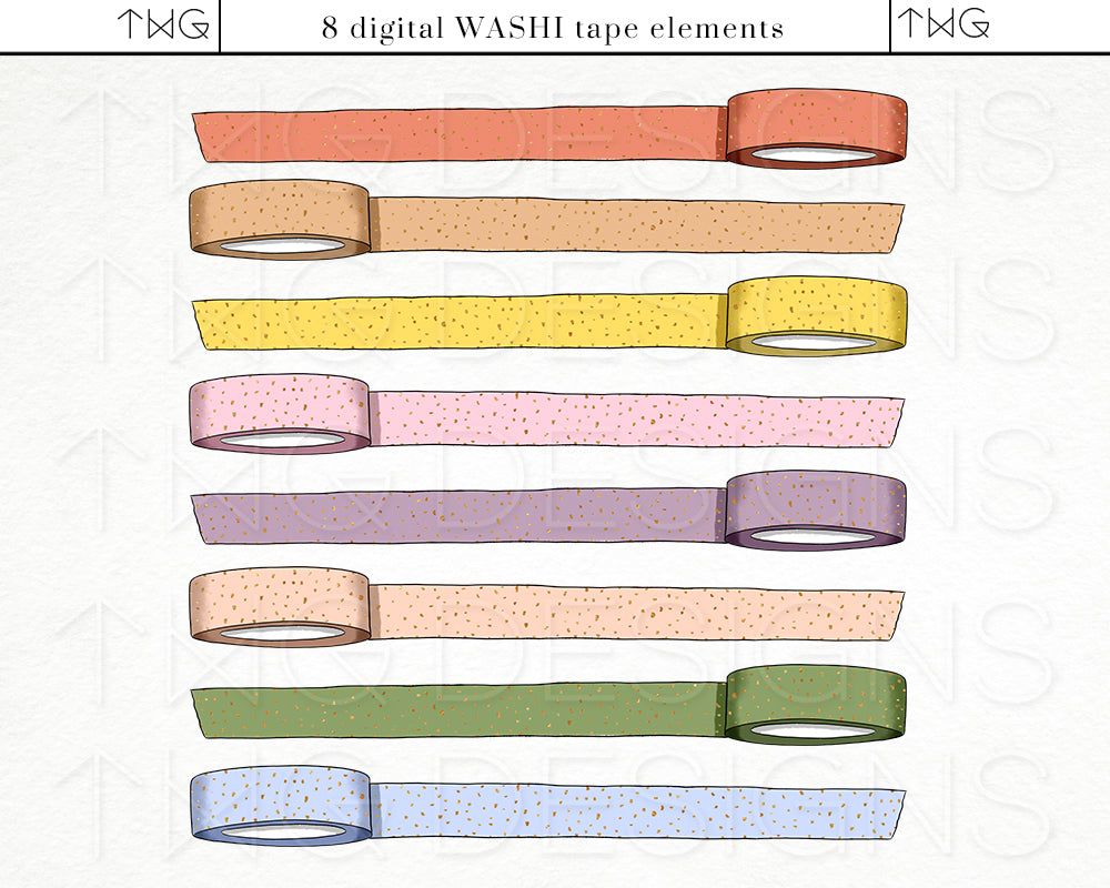 Washi tape bundle in soft pastels (mint, lavender, peach, lemon, pink) designed to layer with spring spreads.
