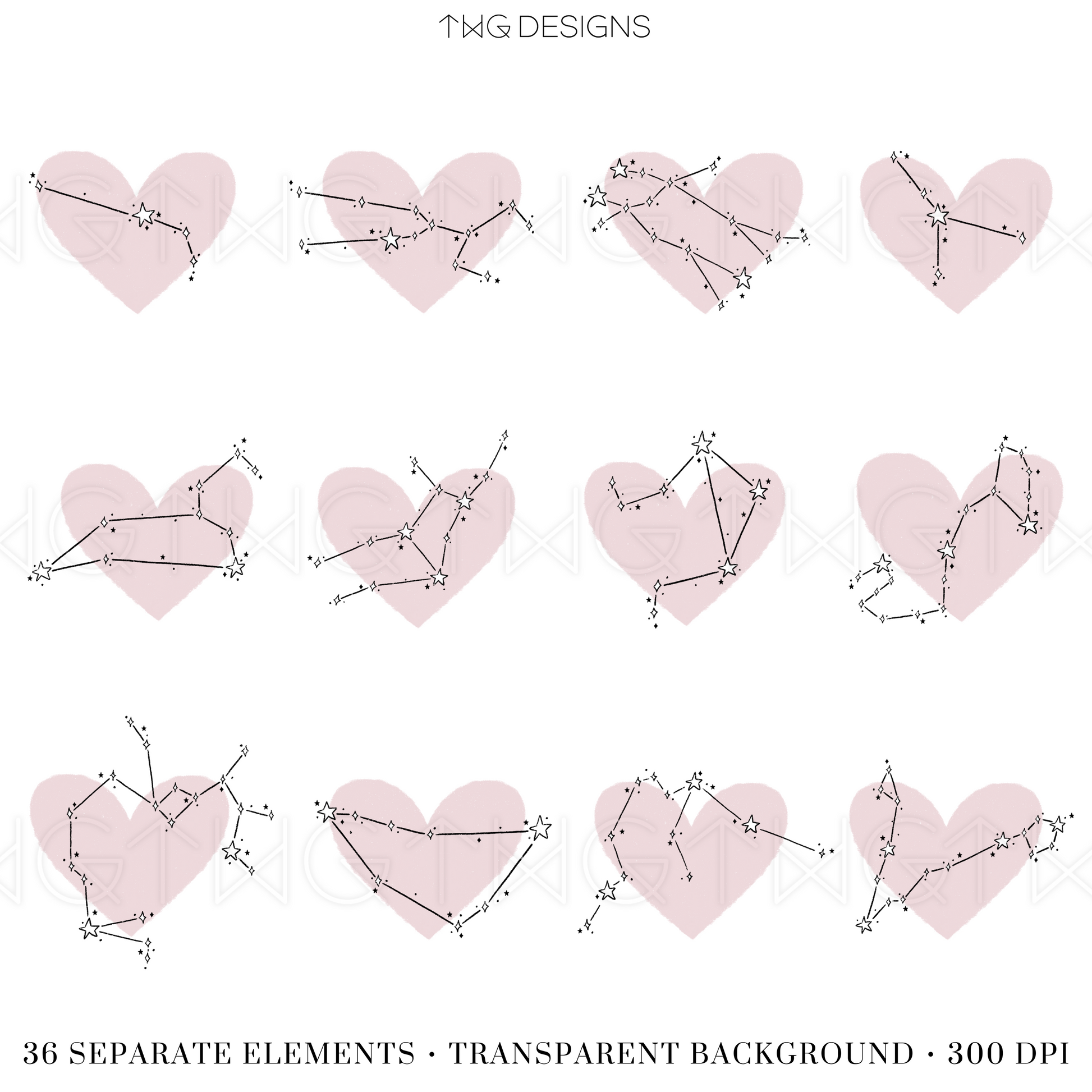 Illustrated zodiac constellations layered over heart designs in a cohesive palette perfect for planners or spiritual journaling.