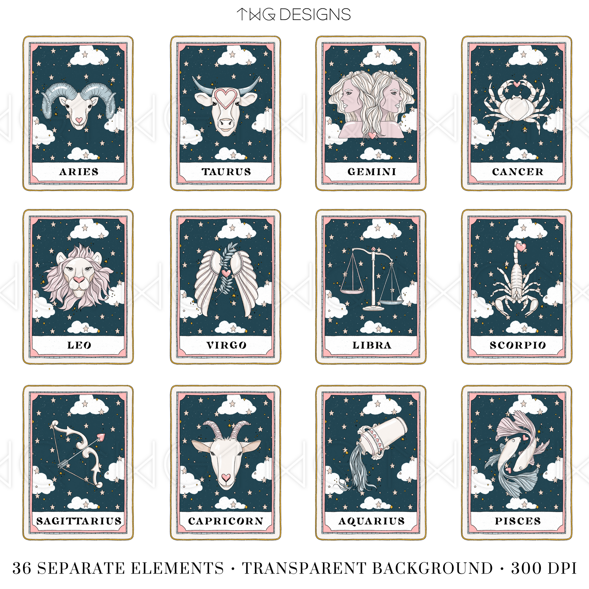 All 12 zodiac signs displayed as tarot-style cards in a cohesive mystical art style.