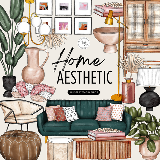A collage of home aesthetic clipart featuring a green velvet sofa, boho pillows, framed art prints, plants, poufs, vases, lamps, and stylish furniture.