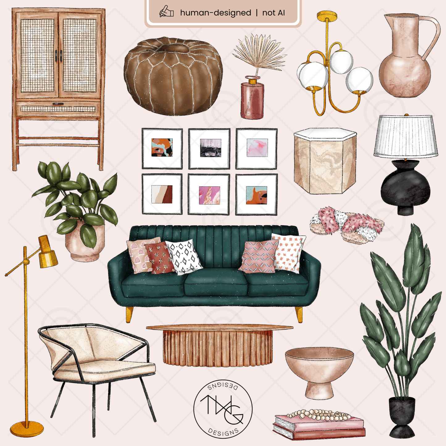 A styled layout using the Home Aesthetic bundle, arranged as a cozy interior mood board with layered furniture, plants, and boho-modern elements.