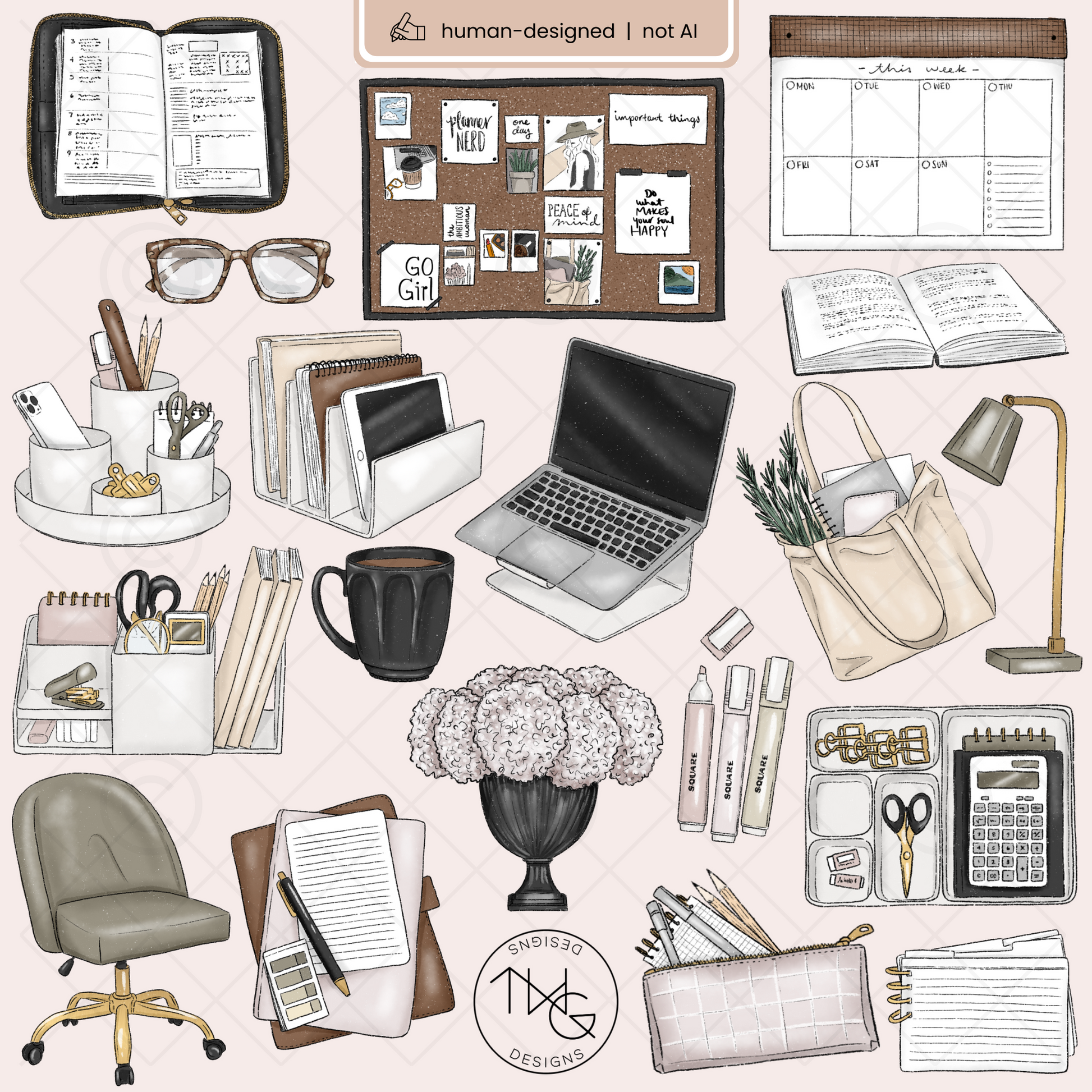Individual digital illustrations of a rolling desk chair, coffee cups, sticky notes, and open notebooks.