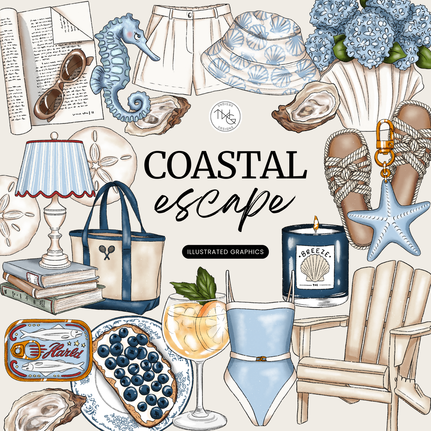 Coastal Escape Clipart Bundle featuring hand-drawn summer digital stickers with beach chairs, oysters, seahorse, wine glass, and tote bag.
