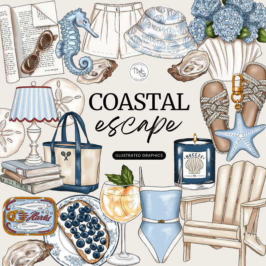 Coastal Escape Clipart Bundle featuring hand-drawn summer digital stickers with beach chairs, oysters, seahorse, wine glass, and tote bag.