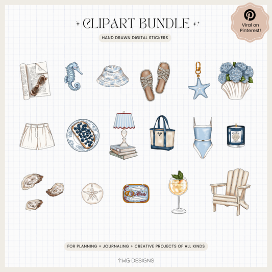 Grid view of 19 coastal digital clipart elements for planners, including seashells, sandals, starfish, and swimwear.