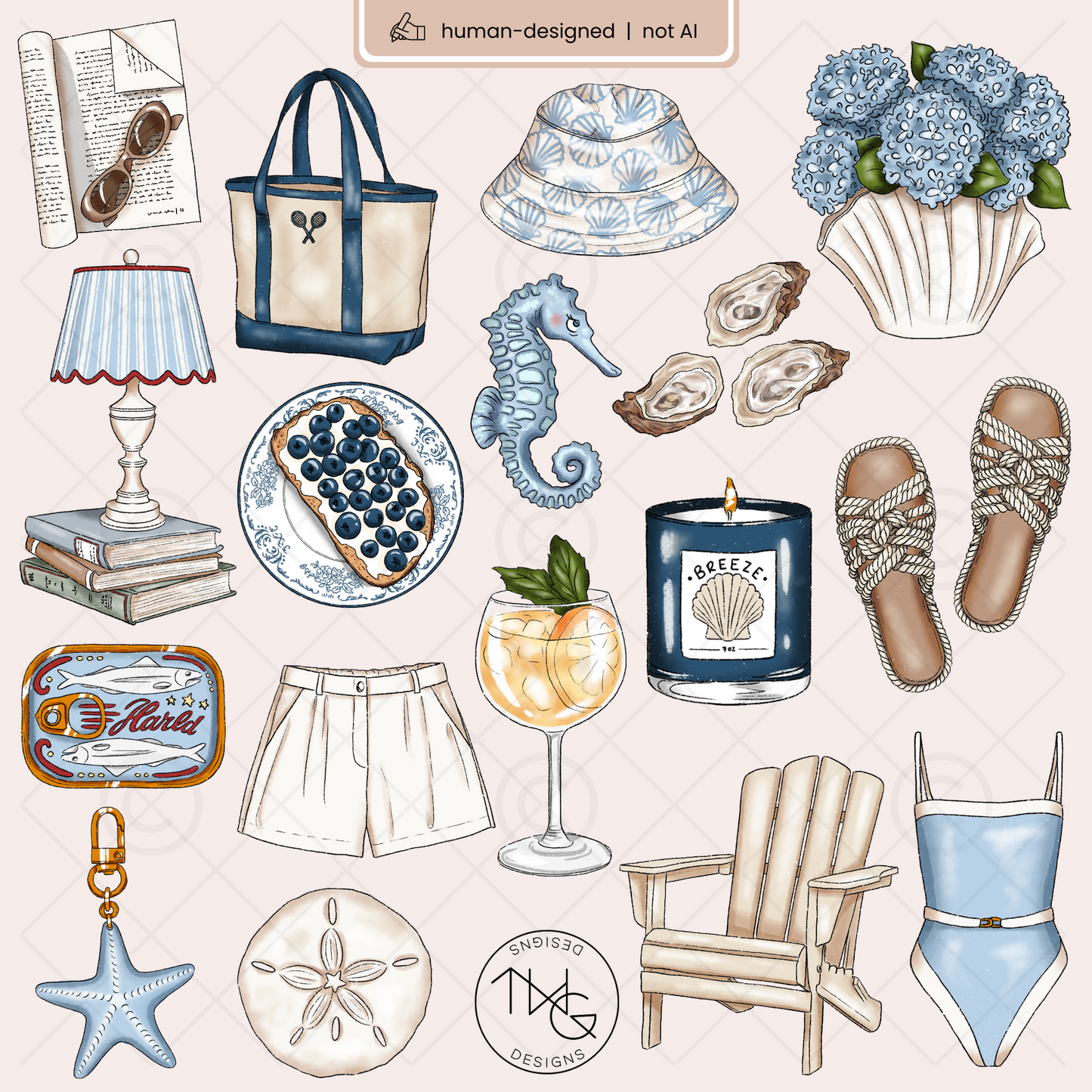 Aesthetic digital clipart layout for mood boards or digital planners using hand-drawn beach elements in calming blue and sand tones.