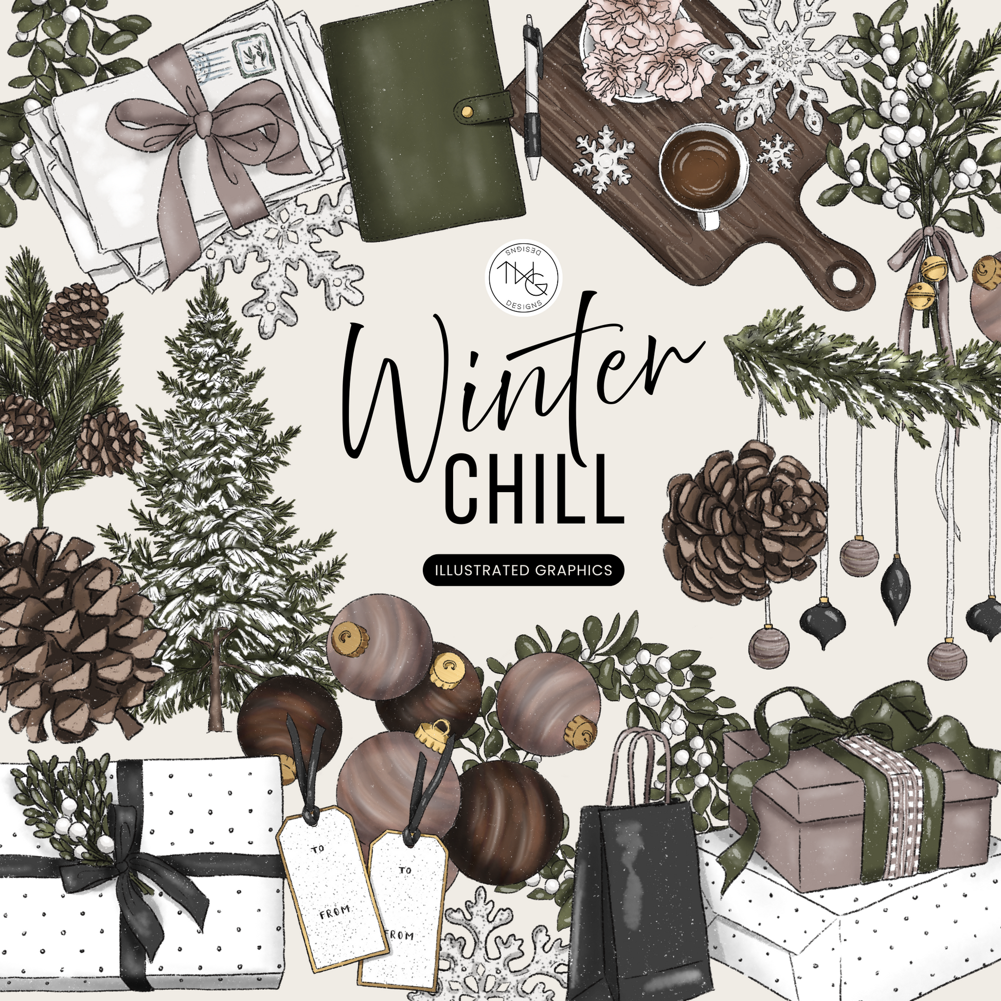 A cozy winter-themed collage of Scandinavian holiday items including pinecones, gifts, snowflakes, evergreen branches, and hot cocoa from the Winter Hygge Clipart Bundle.